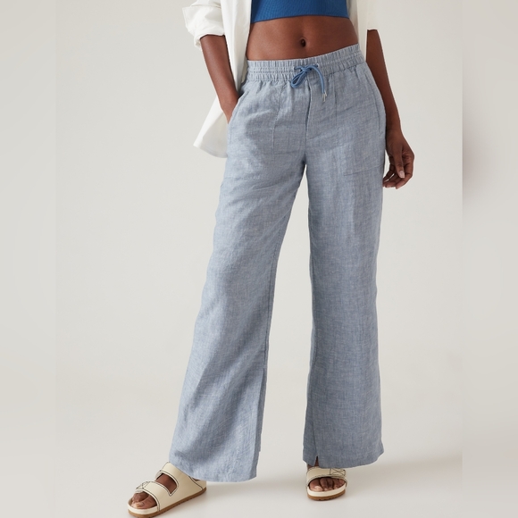 Athleta Retreat Linen High Rise Wide Leg Pants Chambray Blue Size 16 - Picture 1 of 9